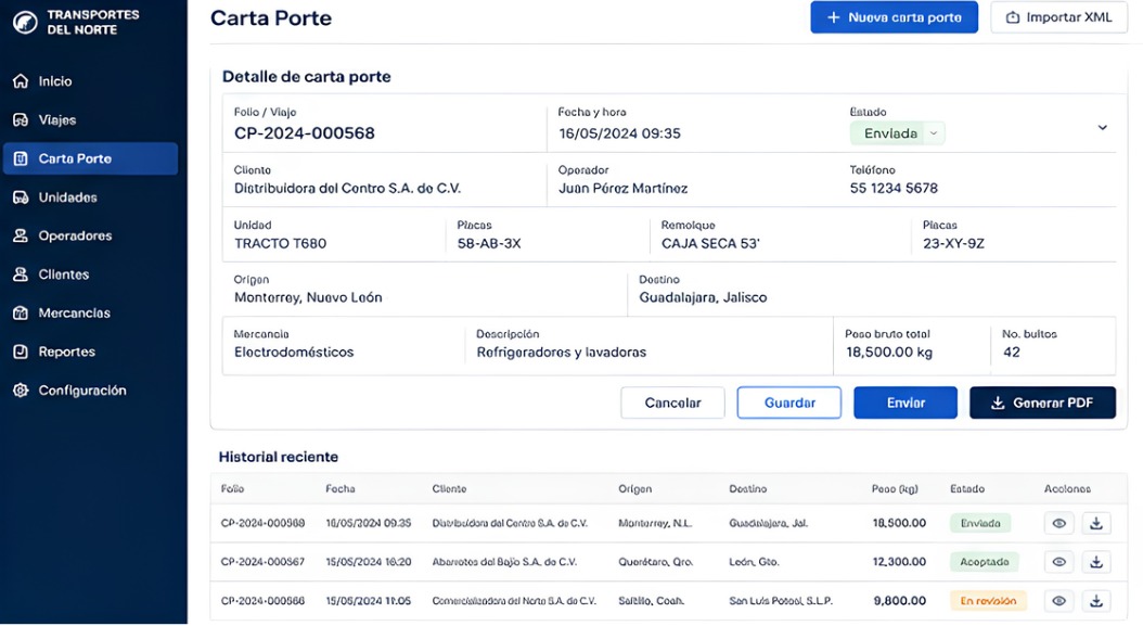 Vista complementaria del módulo Carta Porte